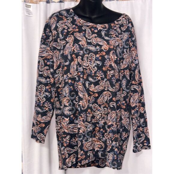 GREAT CONDITION J JILL SIMPLY SUPIMA SCOOP NECK LS TUNIC/TOP LARGE NAVY PAINTED - Picture 2 of 7